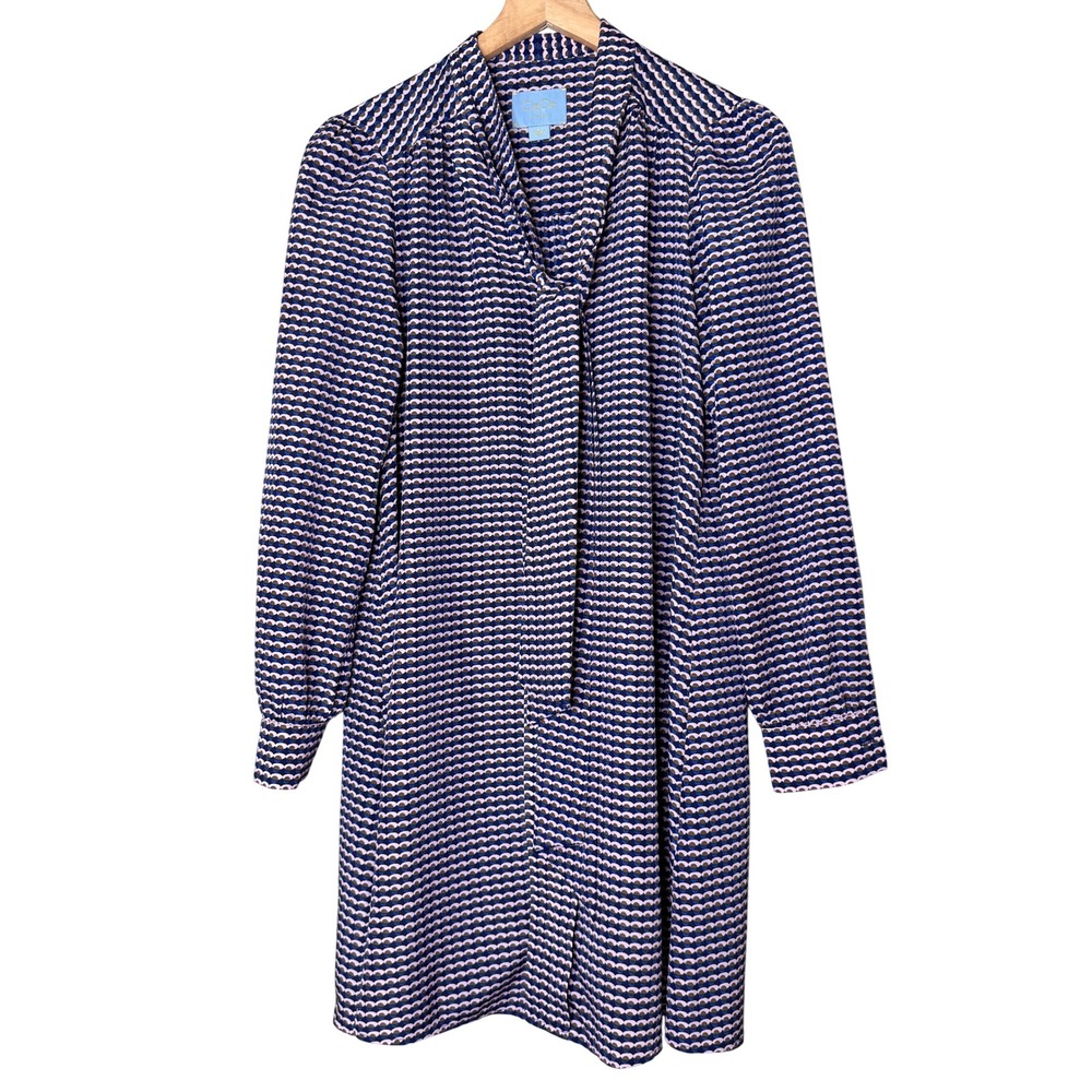 CeCe Navy Pink Geometric Scallop Tie Neck Long Sleeve Shift Dress 7055953 S